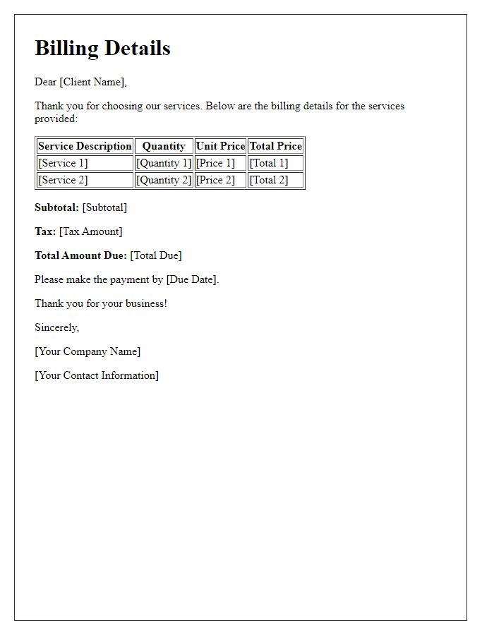 Letter template of billing details for services