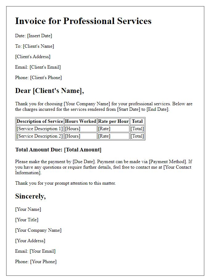 Letter template of charges for professional services