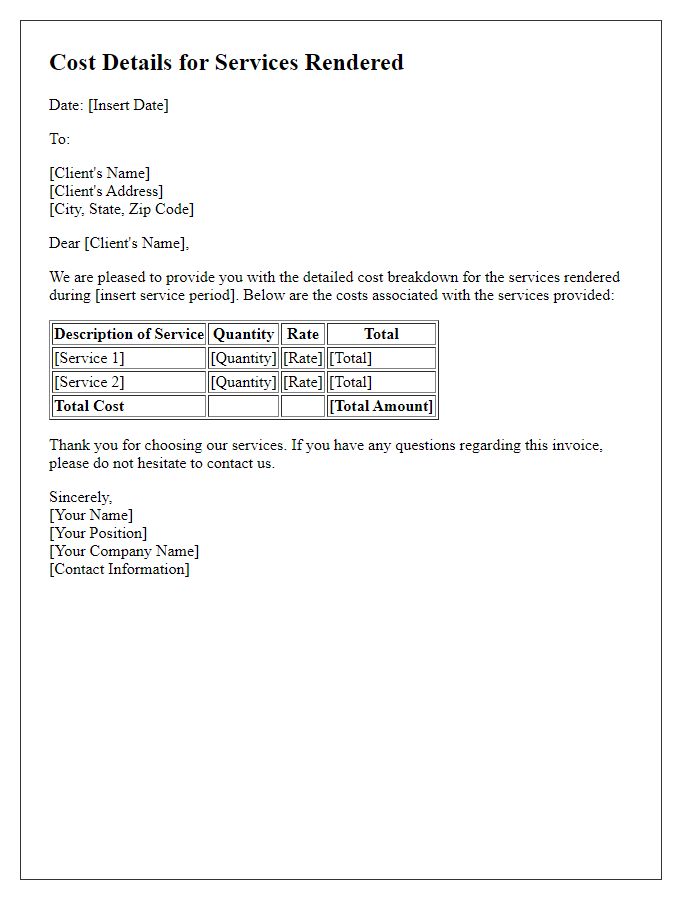 Letter template of cost details for service rendered