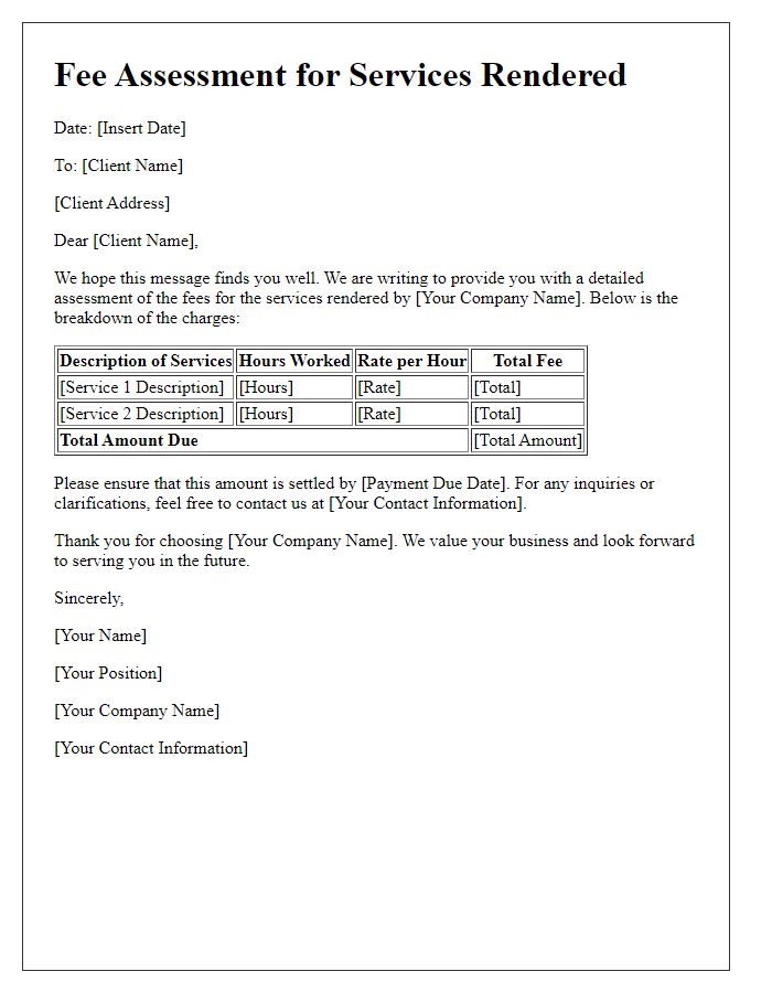 Letter template of fee assessment for services