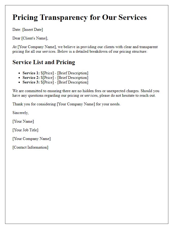 Letter template of pricing transparency for services