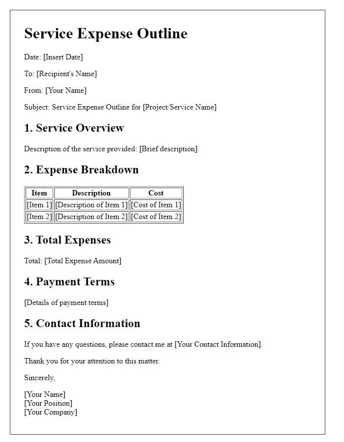 Letter template of service expense outline