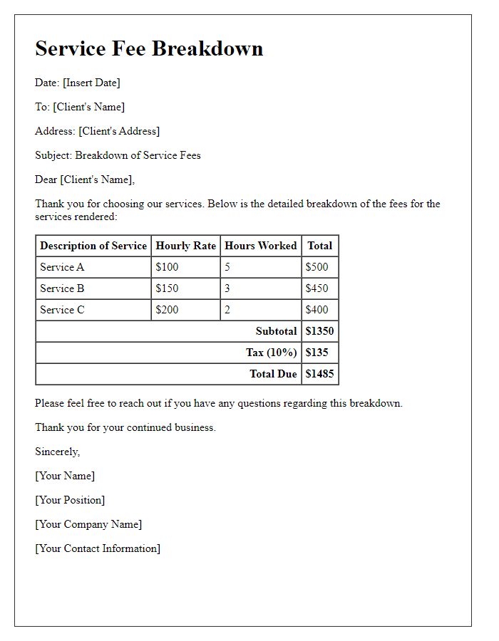 Letter template of service fee breakdown