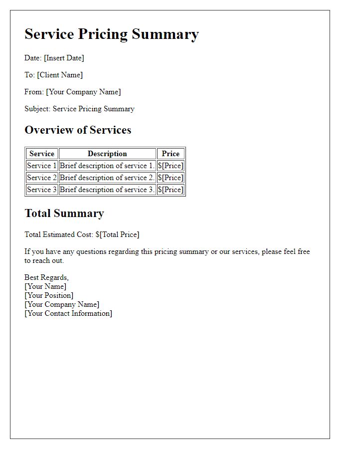 Letter template of service pricing summary