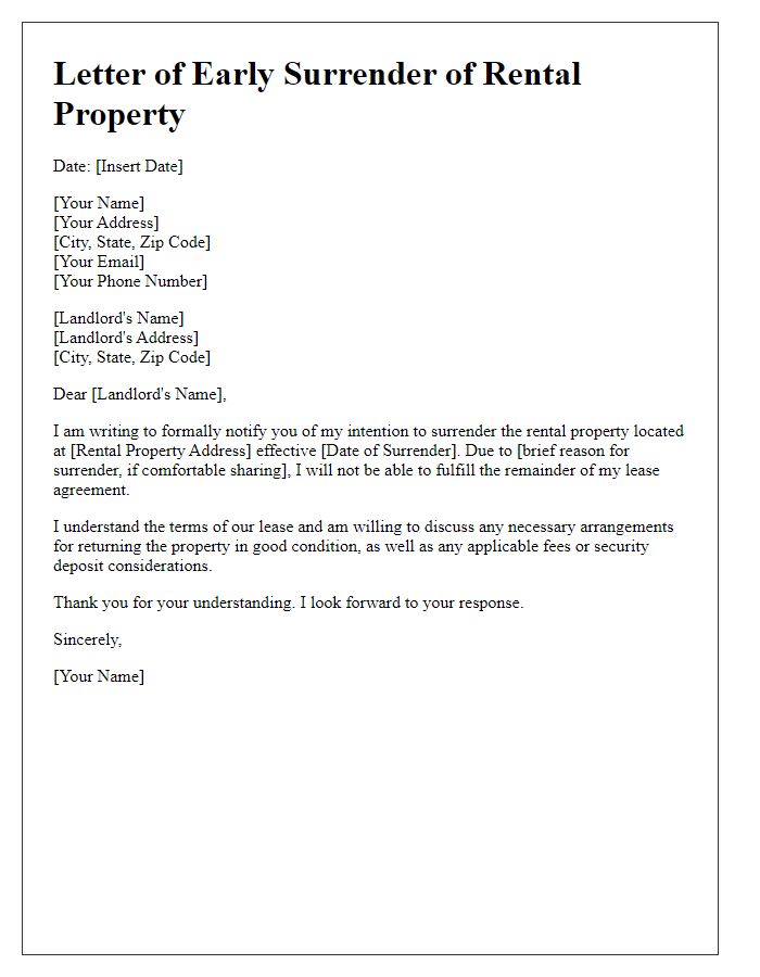 Letter template of early surrender of rental property notice.