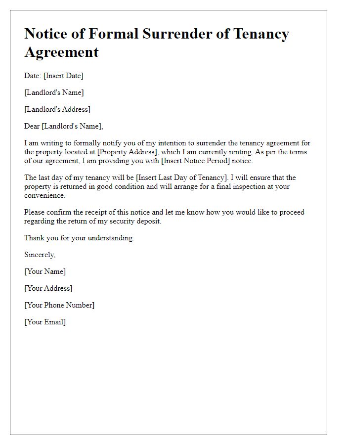 Letter template of formal surrender of tenancy agreement notice.