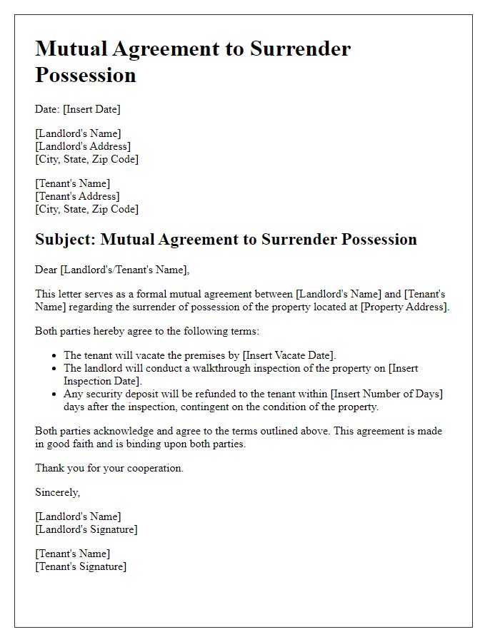 Letter template of mutual agreement to surrender possession.