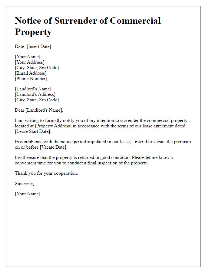 Letter template of notice for surrendering commercial property.