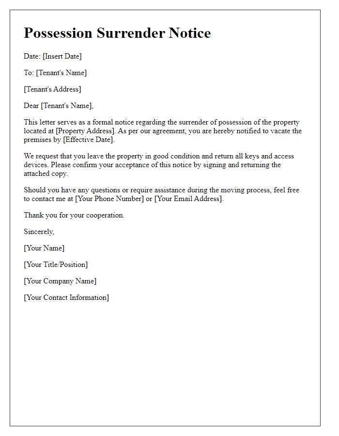 Letter template of possession surrender notice for landlords.