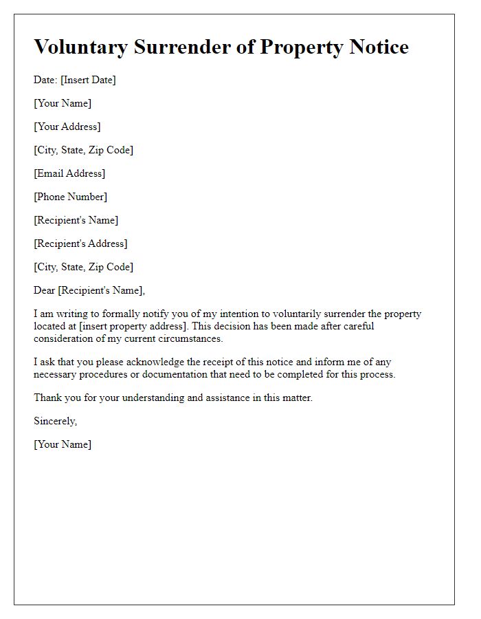 Letter template of voluntary surrender of property notice.