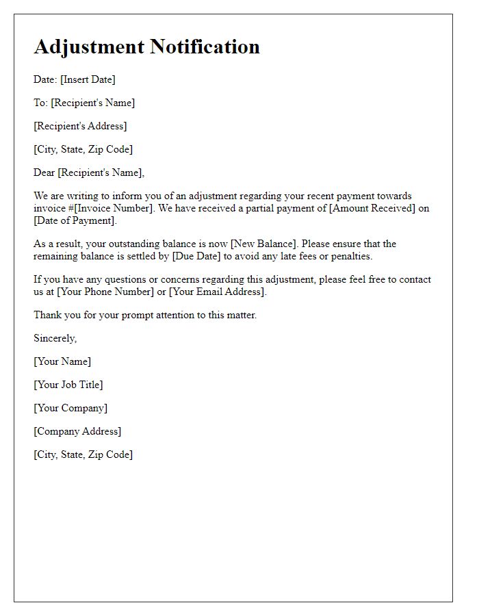 Letter template of Adjustment Notification for Partial Payment