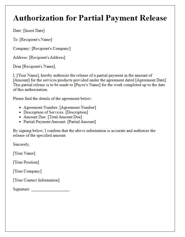 Letter template of Authorization for Partial Payment Release