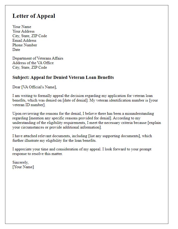 Letter template of appeal for denied veteran loan benefits