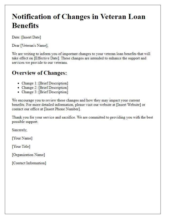 Letter template of notification for changes in veteran loan benefits