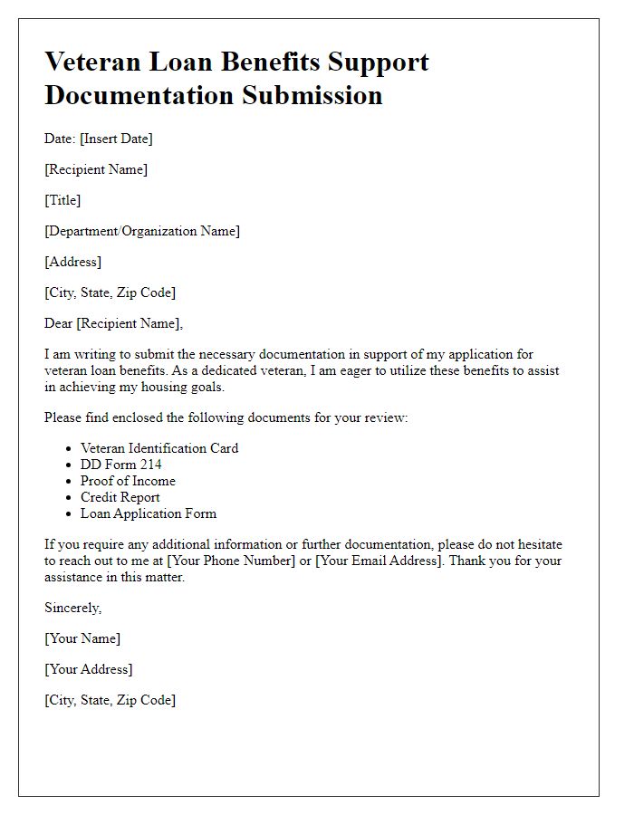 Letter template of support documentation submission for veteran loan benefits