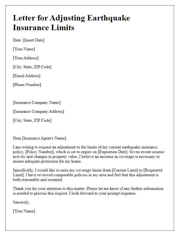 Letter template of adjusting earthquake insurance limits