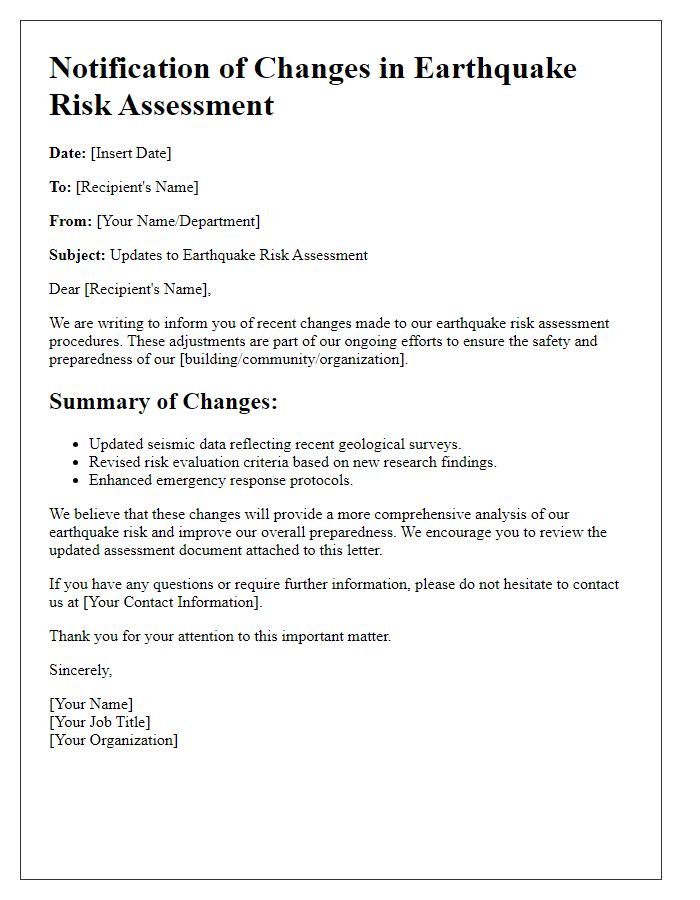 Letter template of detailing changes in earthquake risk assessment