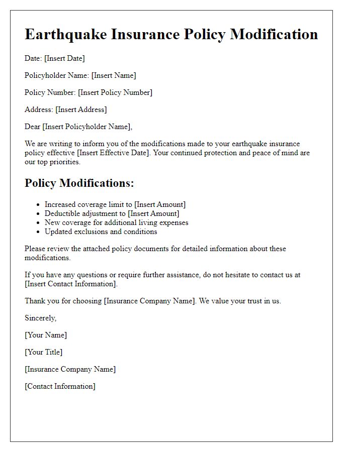 Letter template of earthquake insurance policy modification