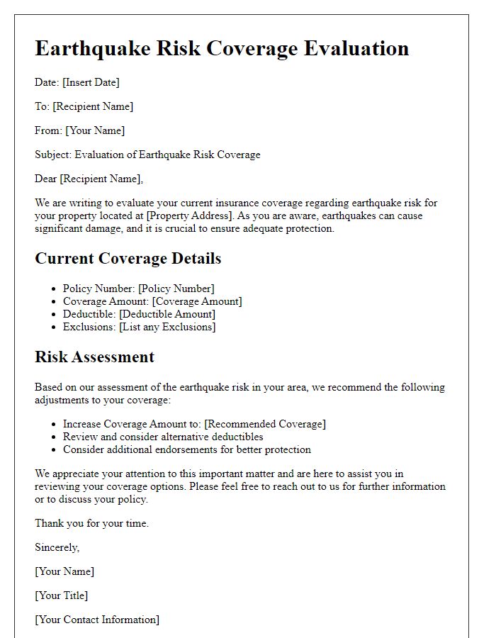 Letter template of earthquake risk coverage evaluation