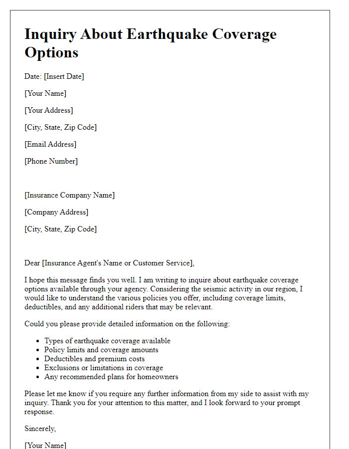 Letter template of inquiring about earthquake coverage options