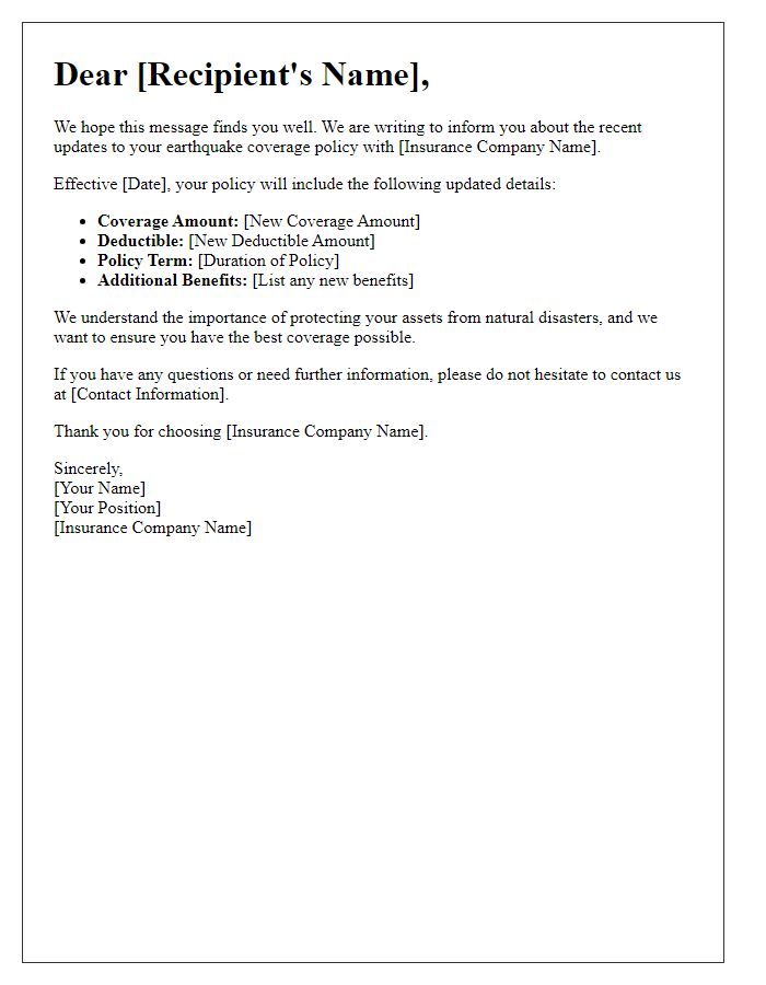 Letter template of updating earthquake coverage details