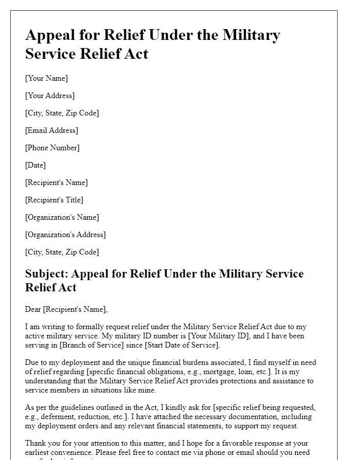 Letter template of Military Service Relief Act Appeal for Relief