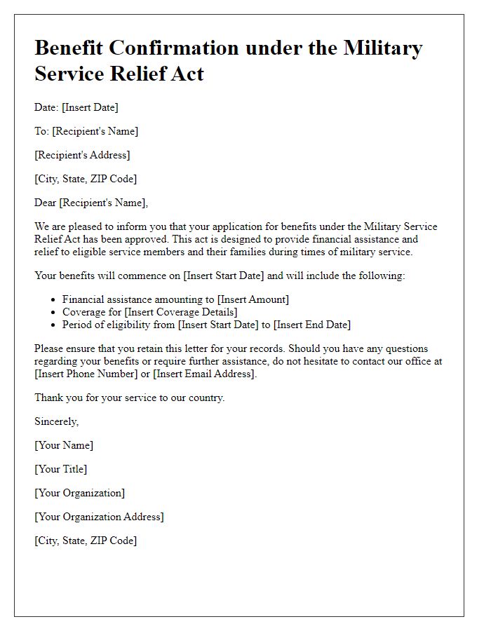 Letter template of Military Service Relief Act Benefit Confirmation