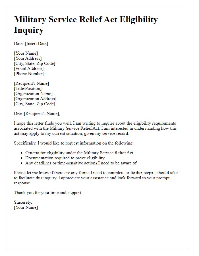 Letter template of Military Service Relief Act Eligibility Inquiry