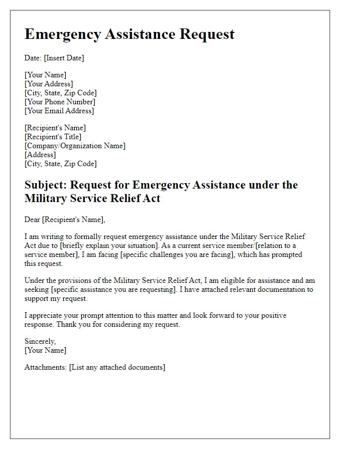 Letter template of Military Service Relief Act Emergency Assistance Request