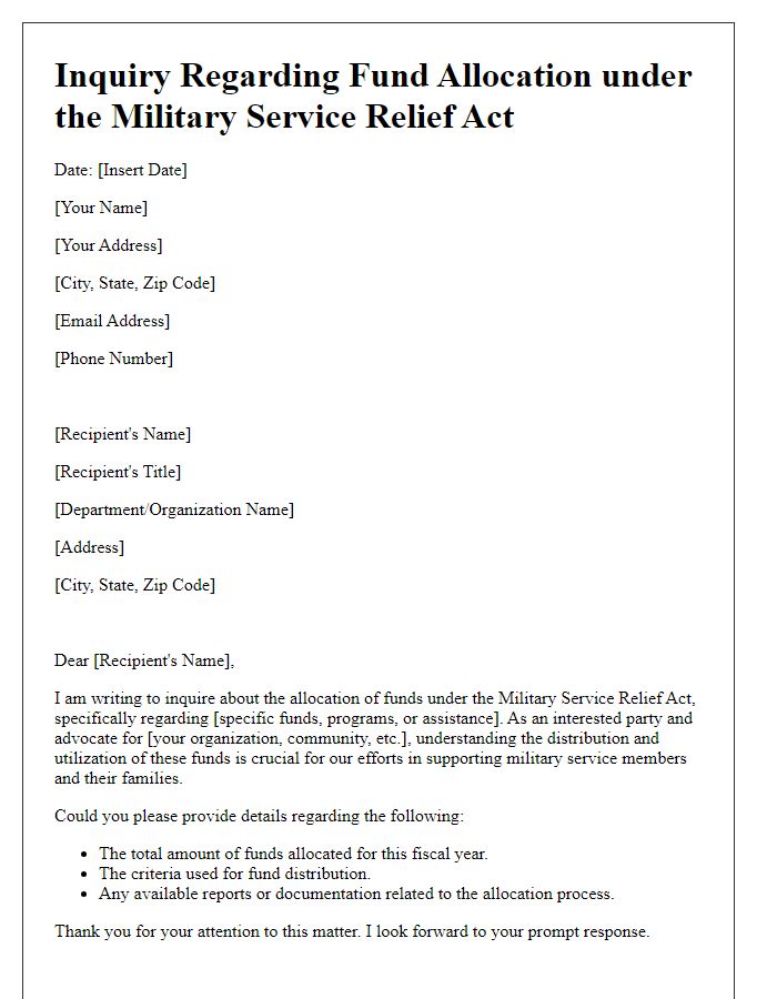 Letter template of Military Service Relief Act Fund Allocation Inquiry