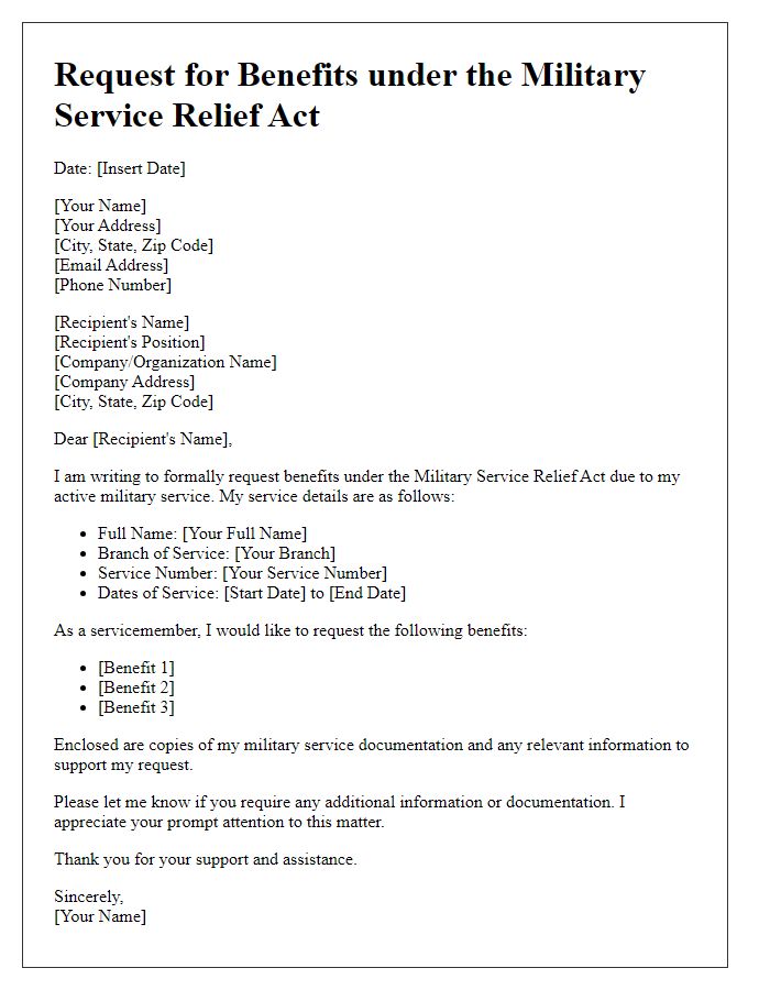 Letter template of Military Service Relief Act Request for Benefits