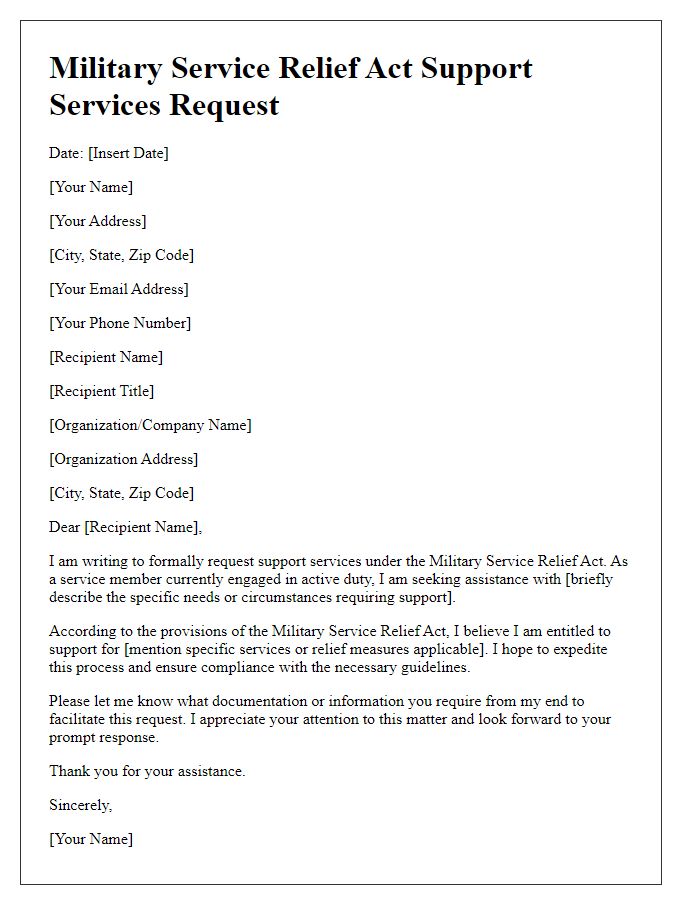 Letter template of Military Service Relief Act Support Services Request