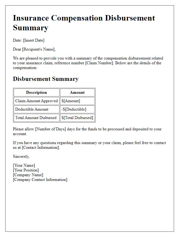 Letter template of insurance compensation disbursement summary