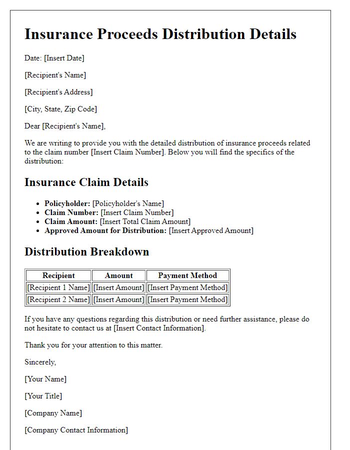 Letter template of insurance proceeds distribution details