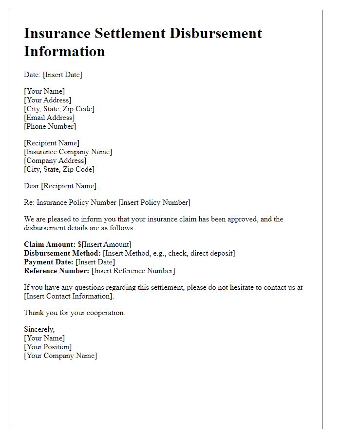 Letter template of insurance settlement disbursement information