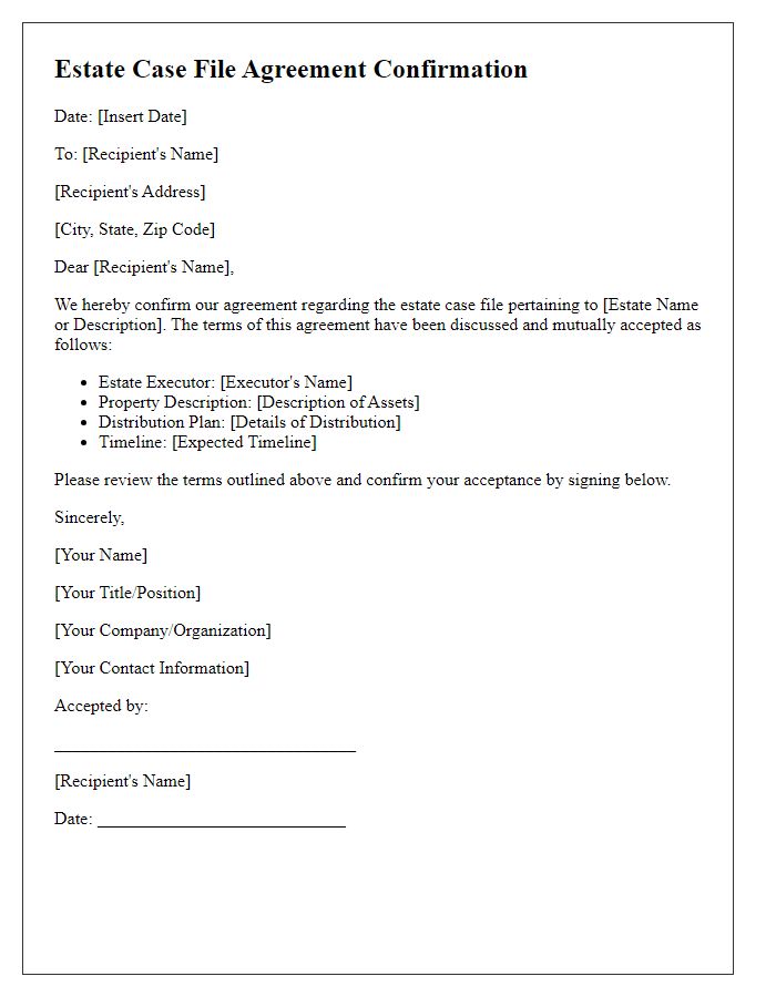 Letter template of estate case file agreement confirmation