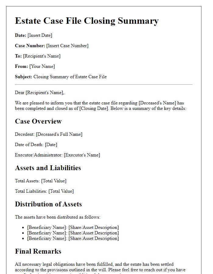 Letter template of estate case file closing summary