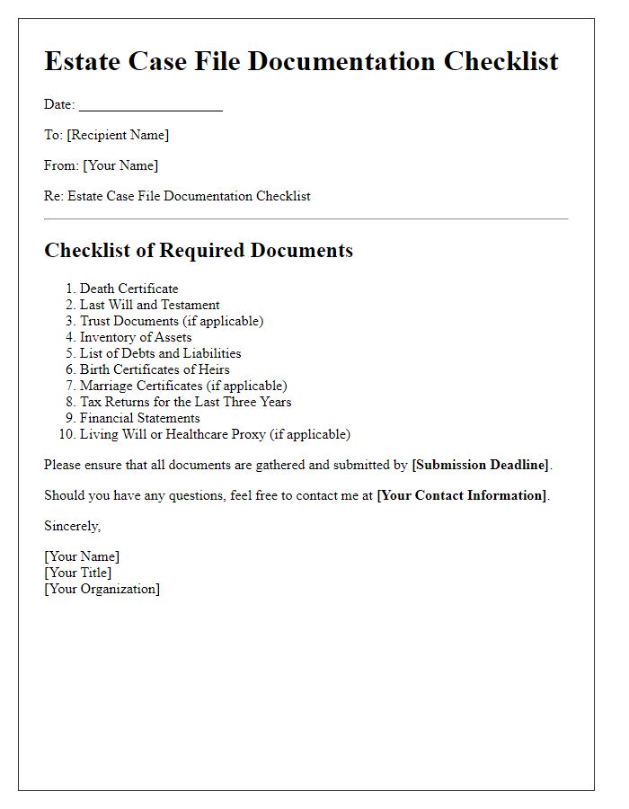 Letter template of estate case file documentation checklist