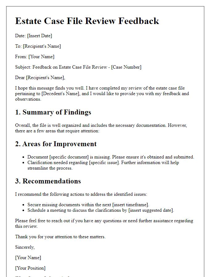 Letter template of estate case file review feedback