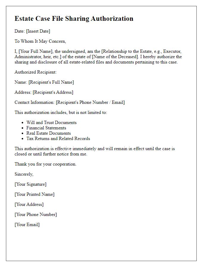 Letter template of estate case file sharing authorization