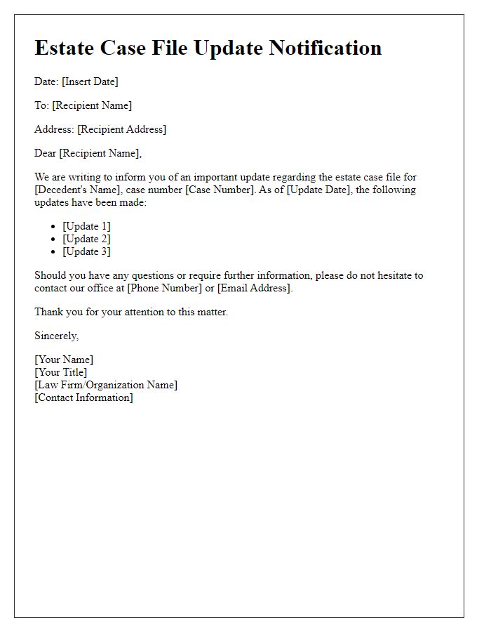 Letter template of estate case file update notification