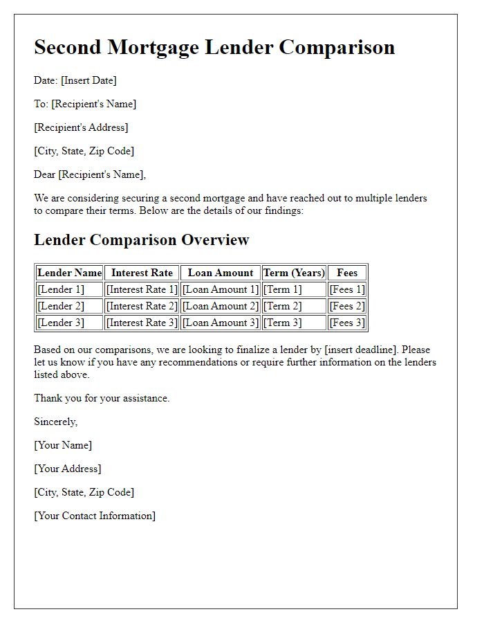 Letter template of second mortgage lender comparison