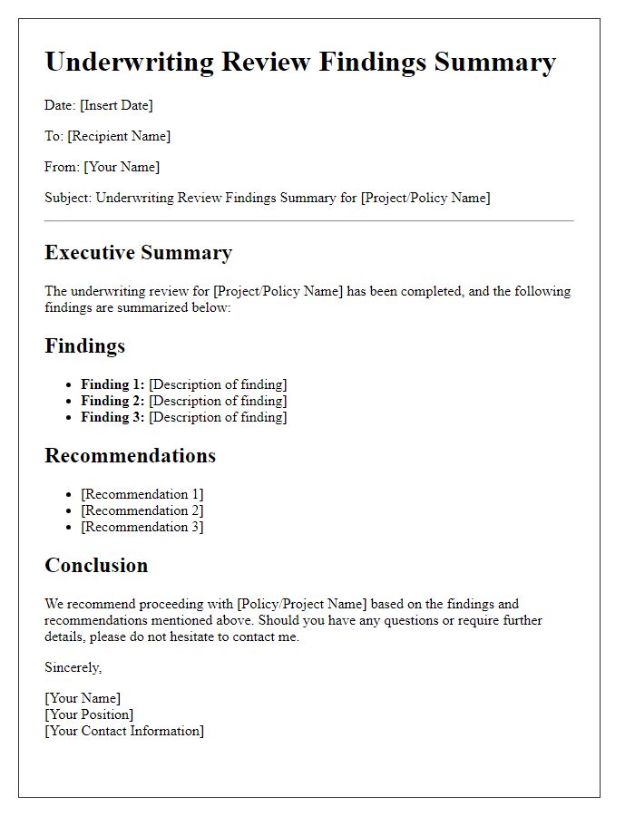 Letter template of underwriting review findings summary