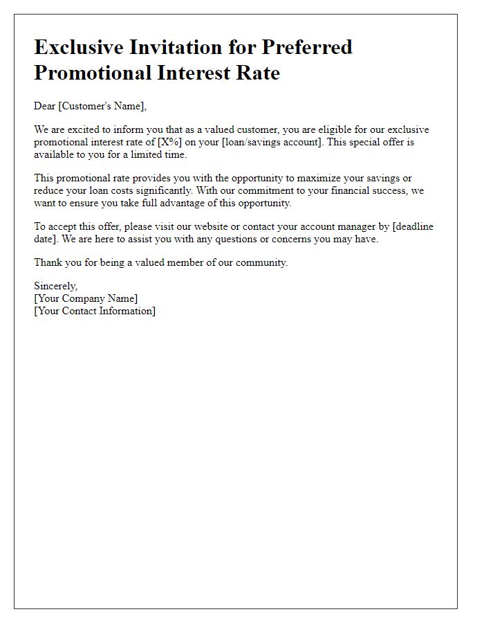 Letter template of preferred promotional interest rate invitation