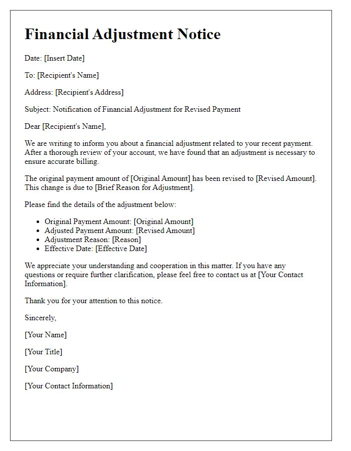 Letter template of financial adjustment for revised payment