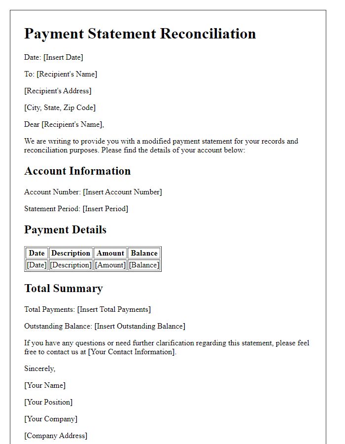 Letter template of modified payment statement for reconciliation