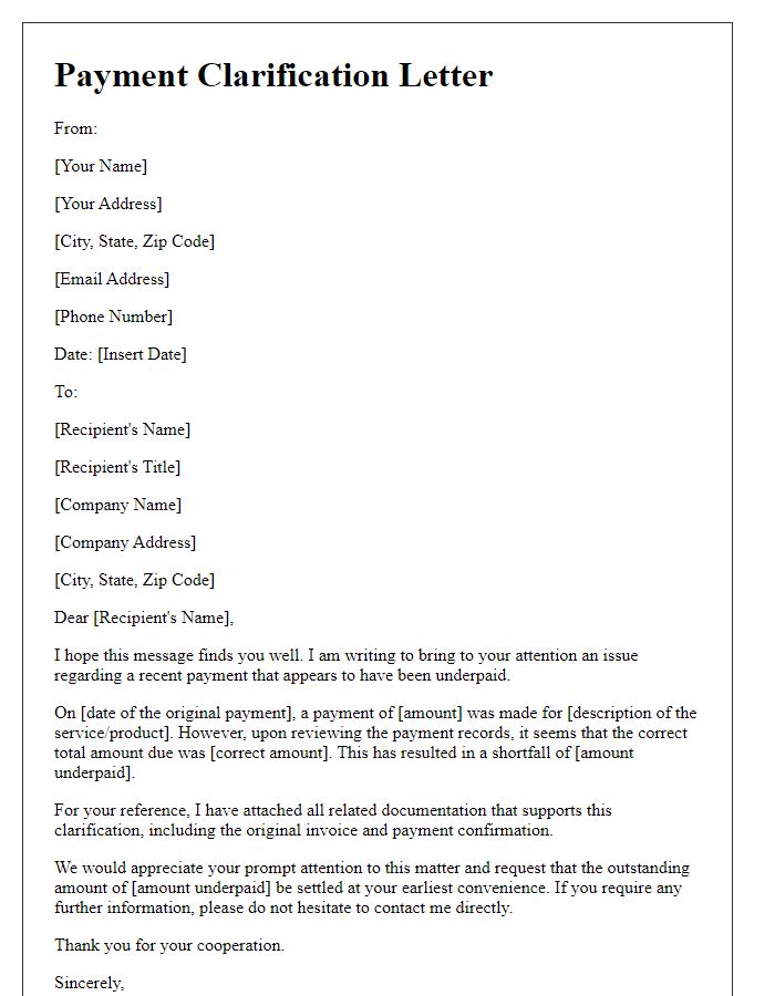 Letter template of payment clarification due to underpayment