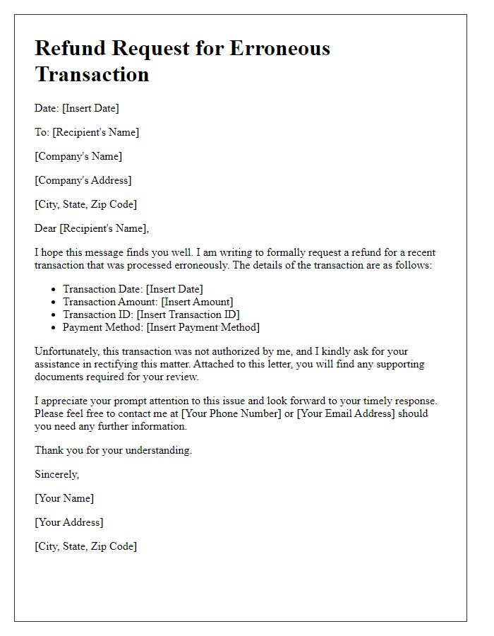 Letter template of refund request for erroneous transaction