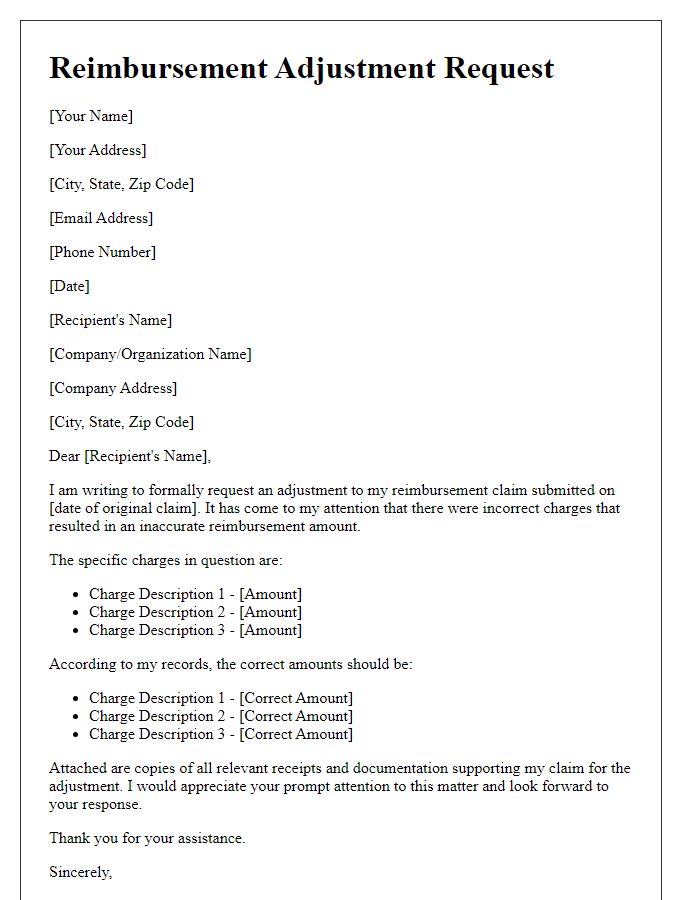 Letter template of reimbursement adjustment for incorrect charges