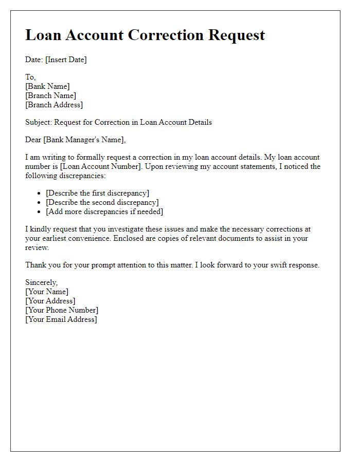 Letter template of loan account correction request